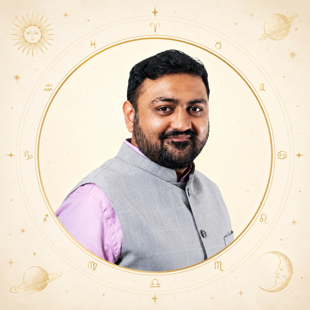 Basesh Gala portrait framed by a Vedic zodiac wheel